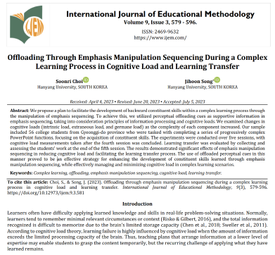 [최순리, 송지훈] Offloading Through Emphasis Manipulation Sequencing During a Complex Learning Process in Cognitive Load and Learning Transfer